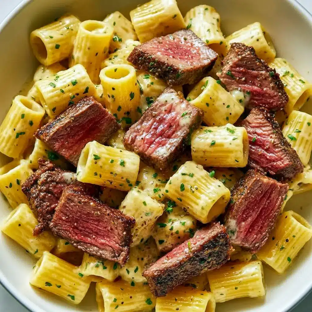Close-up of sliced Cowboy Butter Steak over rigatoni coated in glossy herb-butter, topped with parsley and chili flakes — a tasty image for Best Dinner Ideas, perfect inspiration for Tuesday Dinner Ideas or bold Steak Meal Ideas, Cowboy Butter Steak Pasta.