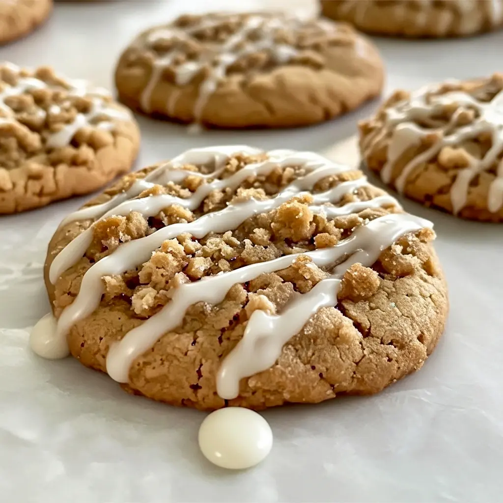 Coffee Cake Cookies on a wire rack: golden, streusel-topped cookies with a glossy icing drizzle, styled beside a steaming mug of coffee.