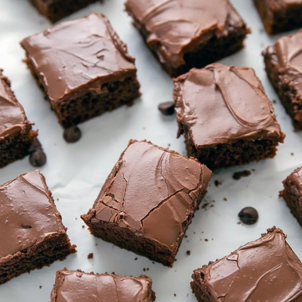 Close-up of chilled, fudge-like chocolate brownies cut into squares on parchment paper, Sweets That Are Healthy.