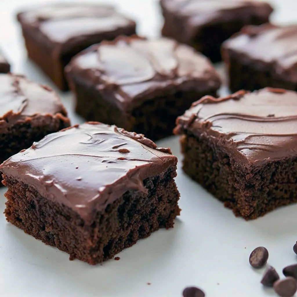 Close-up of chilled, fudge-like chocolate brownies cut into squares on parchment paper, Sweets That Are Healthy.