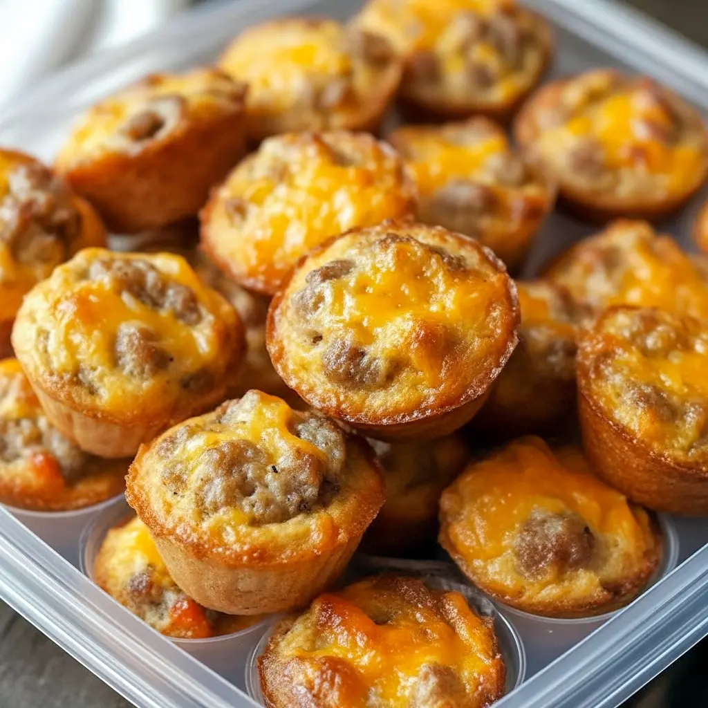 Easy Prep Breakfast — golden mini muffins studded with browned sausage and melted cheese on a wire rack, ready for grab-and-go mornings.