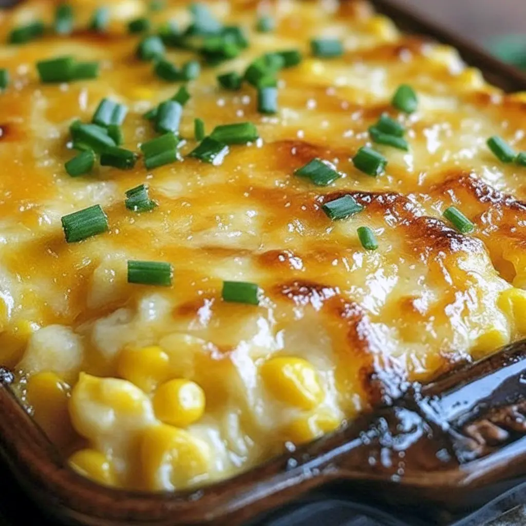 Best Dinner Side Dishes — close-up of honey-glazed corn casserole with a golden-brown top, drizzled honey and parsley garnish in a white baking dish.