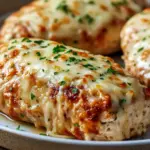 Sliced cheesy garlic Parmesan chicken loaf on a wooden board, melted mozzarella topping and parsley garnish, with a loaf pan in the background, Chicken Parmesan Loaf.