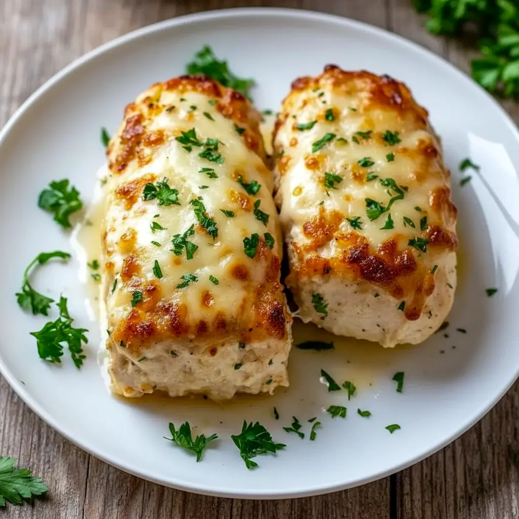Sliced cheesy garlic Parmesan chicken loaf on a wooden board, melted mozzarella topping and parsley garnish, with a loaf pan in the background, Chicken Parmesan Loaf.
