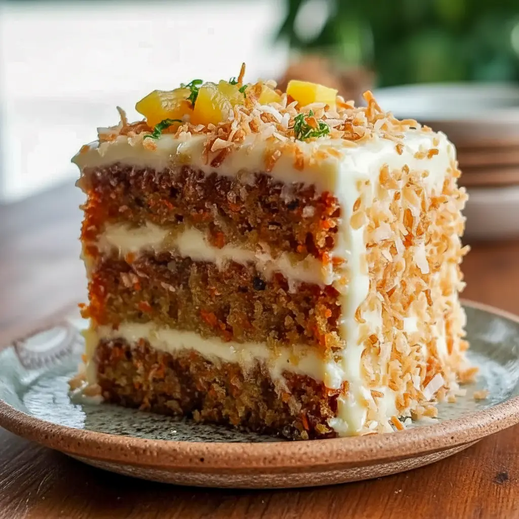 Festive slice of carrot-pineapple cake topped with cream cheese frosting and toasted coconut — Hawaiian Fruit Cake plated for the holidays, a top pick for Baked Cakes and Yummy Christmas Desserts.
