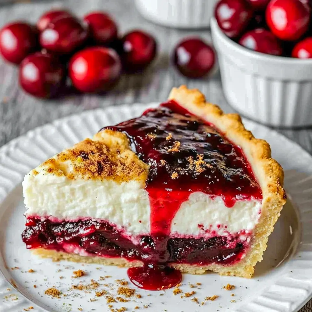 Overhead close-up of a slice of cranberry custard pie on a white plate, showing a glossy cranberry layer, creamy custard, flaky crust, a sprinkle of orange zest, and a dollop of whipped cream, Cranberry Christmas Desserts.