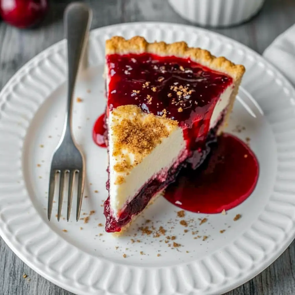Overhead close-up of a slice of cranberry custard pie on a white plate, showing a glossy cranberry layer, creamy custard, flaky crust, a sprinkle of orange zest, and a dollop of whipped cream, Cranberry Christmas Desserts.