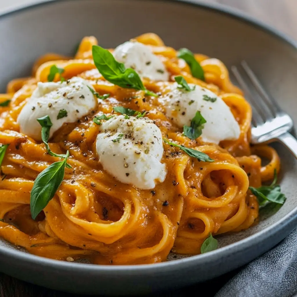 Close-up of creamy pasta tossed with roasted red peppers, topped with torn burrata and basil — a vibrant Pepper Pasta perfect for simple Health Dinner Recipes, weekend Meatless Meals, and fresh Veggie Recipes, Red Pepper Pasta.