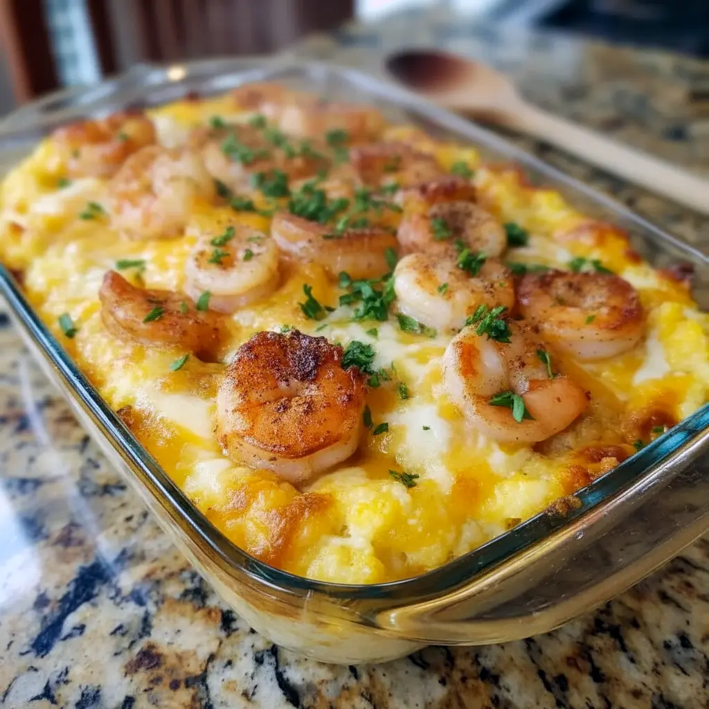 Golden baked casserole of cheesy grits and plump shrimp, topped with melted cheddar and fresh parsley, ready to serve, Baked Shrimp And Grits.