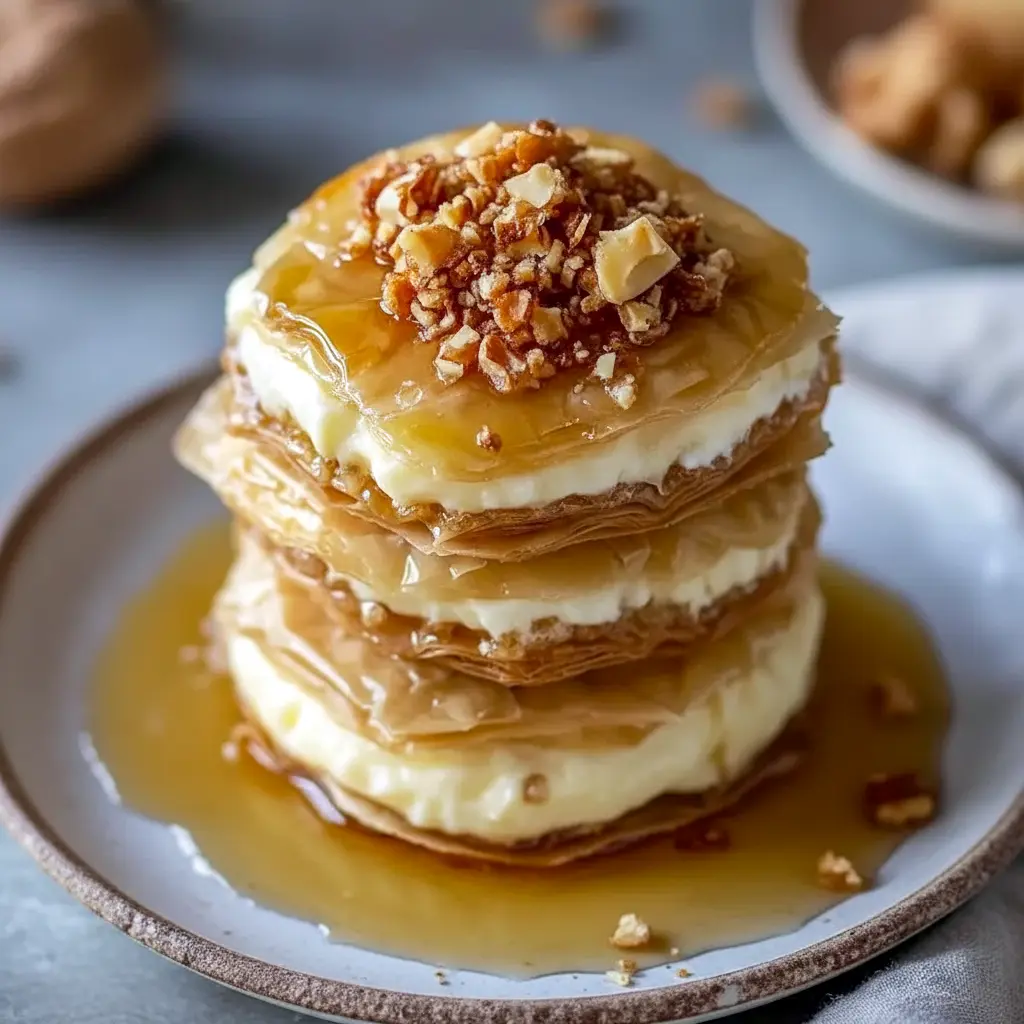 Close-up of golden Desserts With Phyllo Dough cookies: crisp phyllo parcels filled with creamy cheesecake, chopped walnuts, and a glossy honey drizzle.