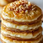 Close-up of golden Desserts With Phyllo Dough cookies: crisp phyllo parcels filled with creamy cheesecake, chopped walnuts, and a glossy honey drizzle.