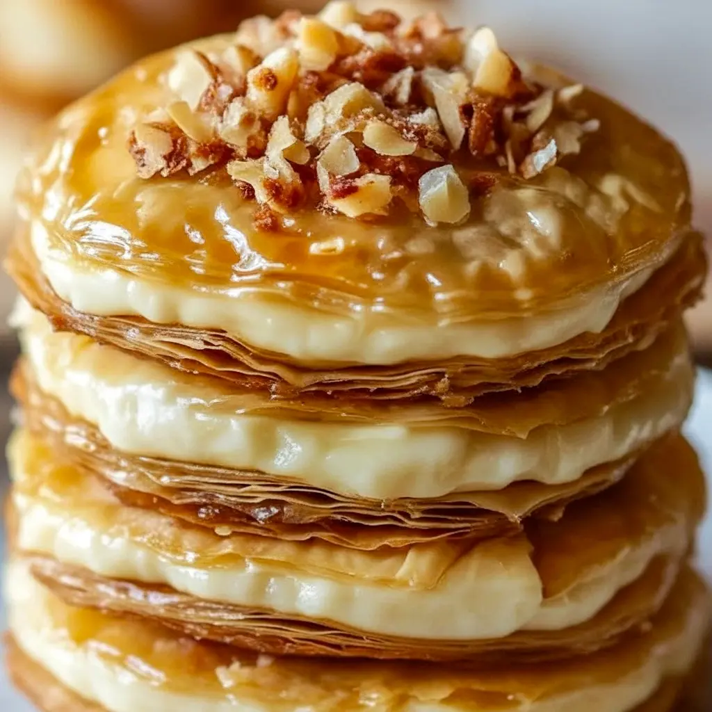 Close-up of golden Desserts With Phyllo Dough cookies: crisp phyllo parcels filled with creamy cheesecake, chopped walnuts, and a glossy honey drizzle.
