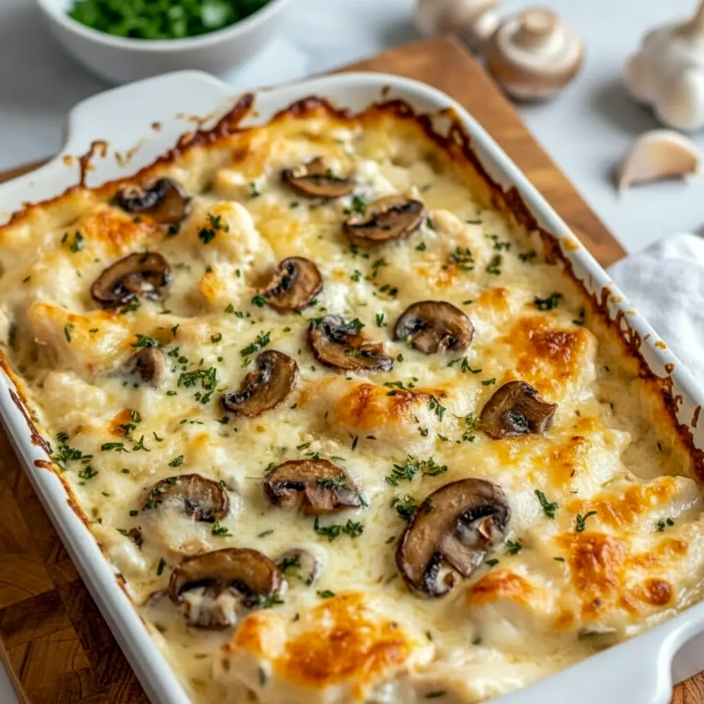 Close-up of a bubbling Keto Casserole with gooey cheese, tender chicken, and sautéed mushrooms — a tasty Healthy Low Carb Dinners pick and satisfying Low Carb Chicken meal.