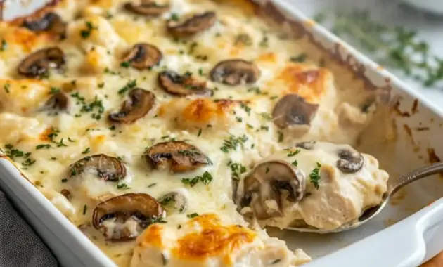 Close-up of a bubbling Keto Casserole with gooey cheese, tender chicken, and sautéed mushrooms — a tasty Healthy Low Carb Dinners pick and satisfying Low Carb Chicken meal.