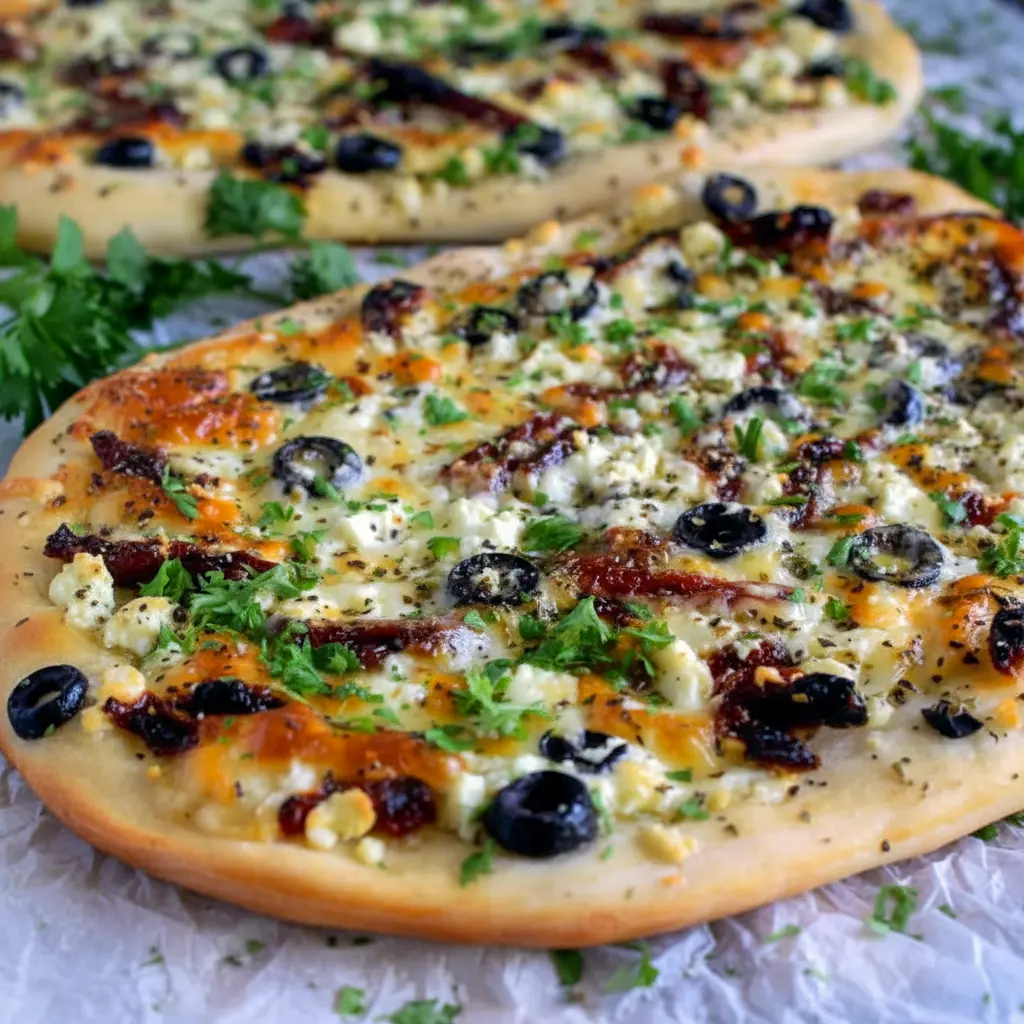 Golden, thin flatbread topped with melted mozzarella, sun-dried tomatoes, black olives, and crumbled feta — a no-fuss Mediterranean Flatbread Recipe Without Yeast (also great among other Mediterranean Flat Bread Recipes) that’s perfect for Mediterranean Flatbread Pizza Recipes; a quick guide on How To Make Mediterranean Flatbread accompanies the pin, Homemade Mediterranean Flatbread.