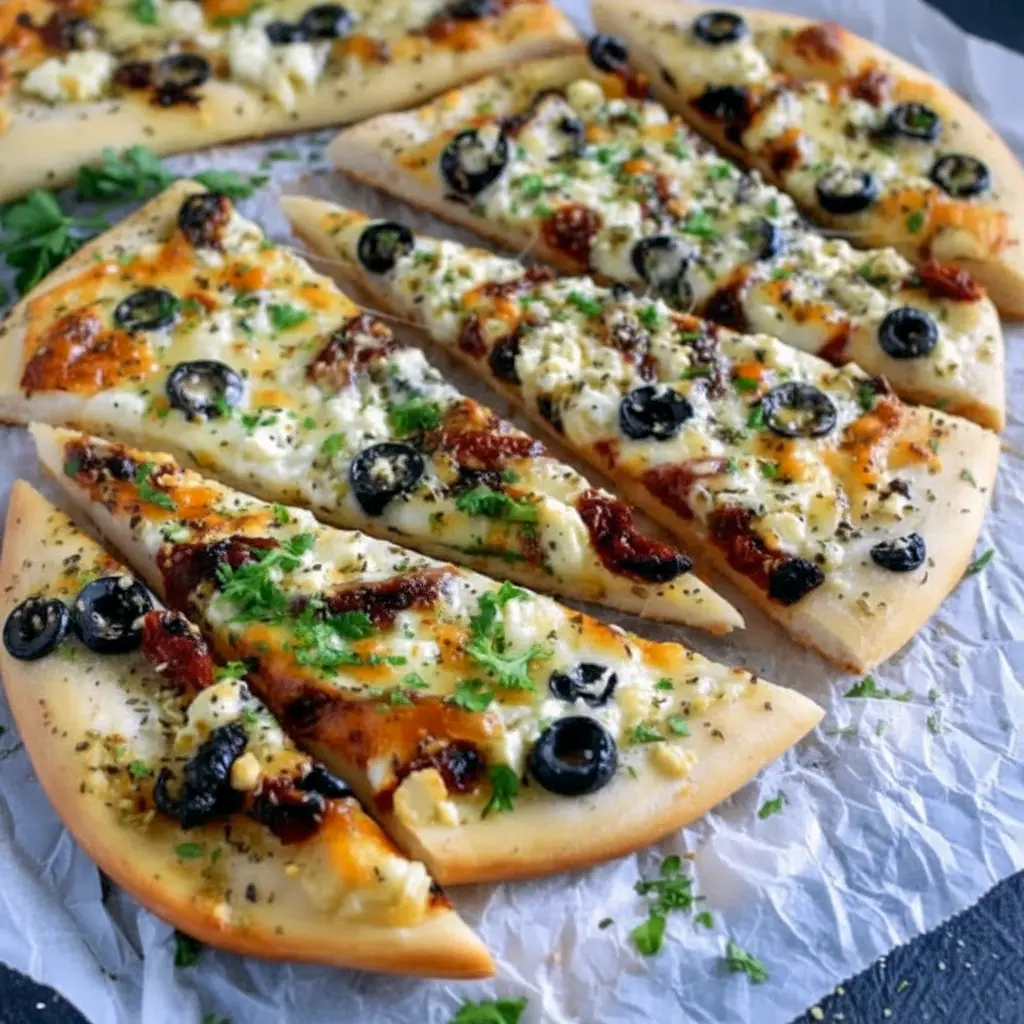 Golden, thin flatbread topped with melted mozzarella, sun-dried tomatoes, black olives, and crumbled feta — a no-fuss Mediterranean Flatbread Recipe Without Yeast (also great among other Mediterranean Flat Bread Recipes) that’s perfect for Mediterranean Flatbread Pizza Recipes; a quick guide on How To Make Mediterranean Flatbread accompanies the pin, Homemade Mediterranean Flatbread.