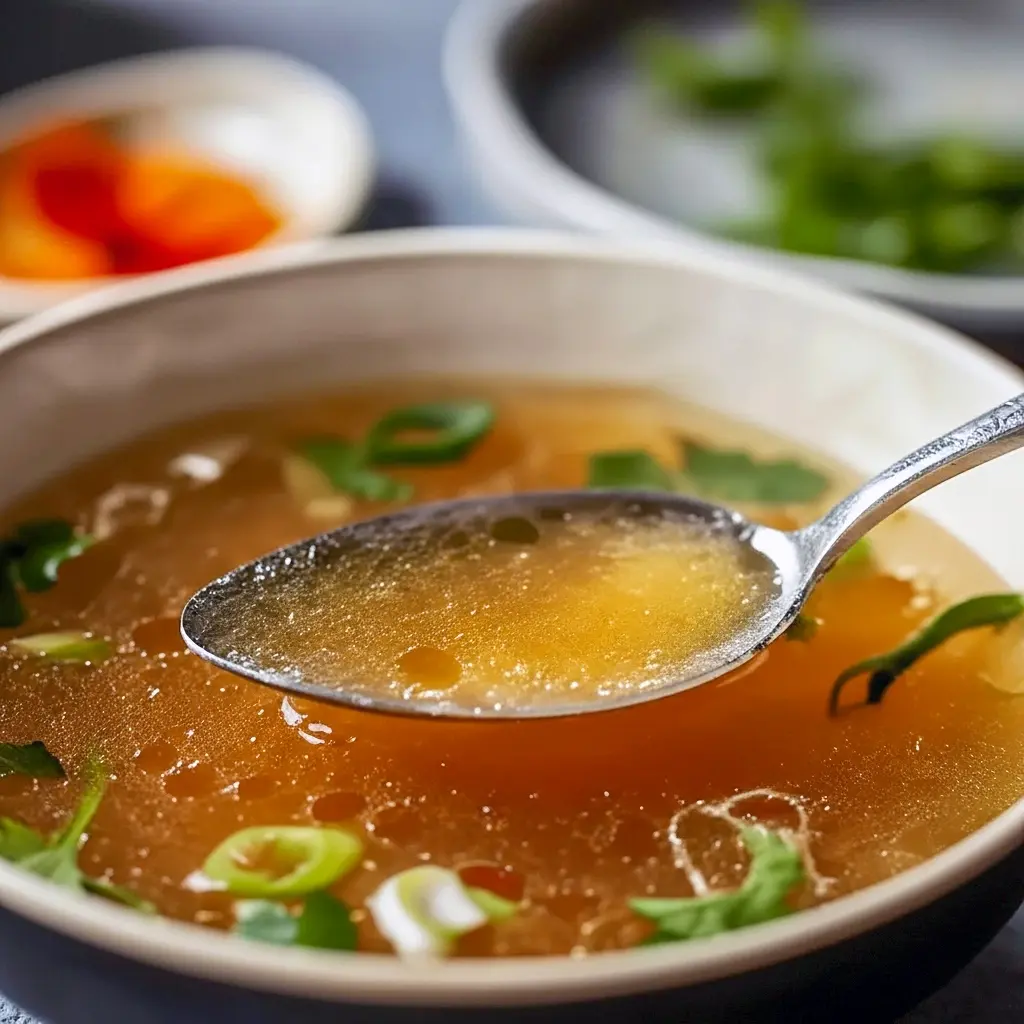 Bowl of steaming Thai Bone Broth Recipe with cilantro and sliced chilies, ready to be poured into an Asian Soup bowl.