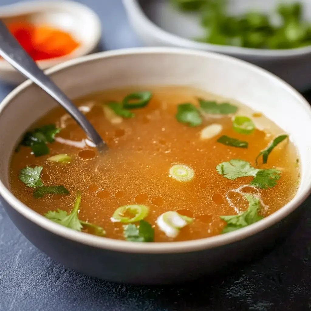 Bowl of steaming Thai Bone Broth Recipe with cilantro and sliced chilies, ready to be poured into an Asian Soup bowl.