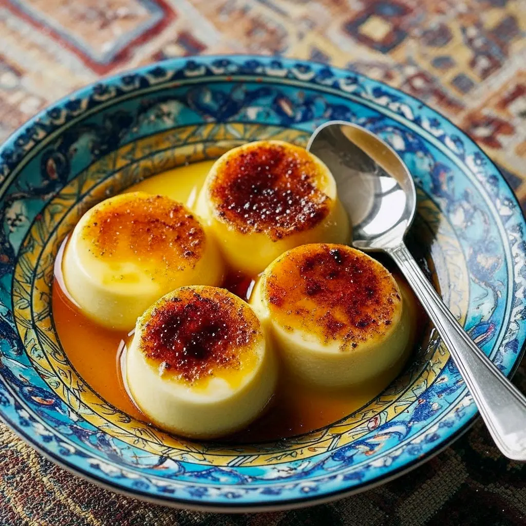 Creamy Thai coconut custard in a ramekin, topped with toasted coconut flakes and a mango slice, Coconut Custard Recipe.