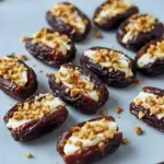 Close-up of warm mascarpone-stuffed dates topped with chopped pecans and maple, styled on a platter as elegant Wine Tasting Snacks and Fall Tapas, evoking caramelized Roasted Stuffed Dates or sparkly Sugared Dates, Date Appetizer Ideas.
