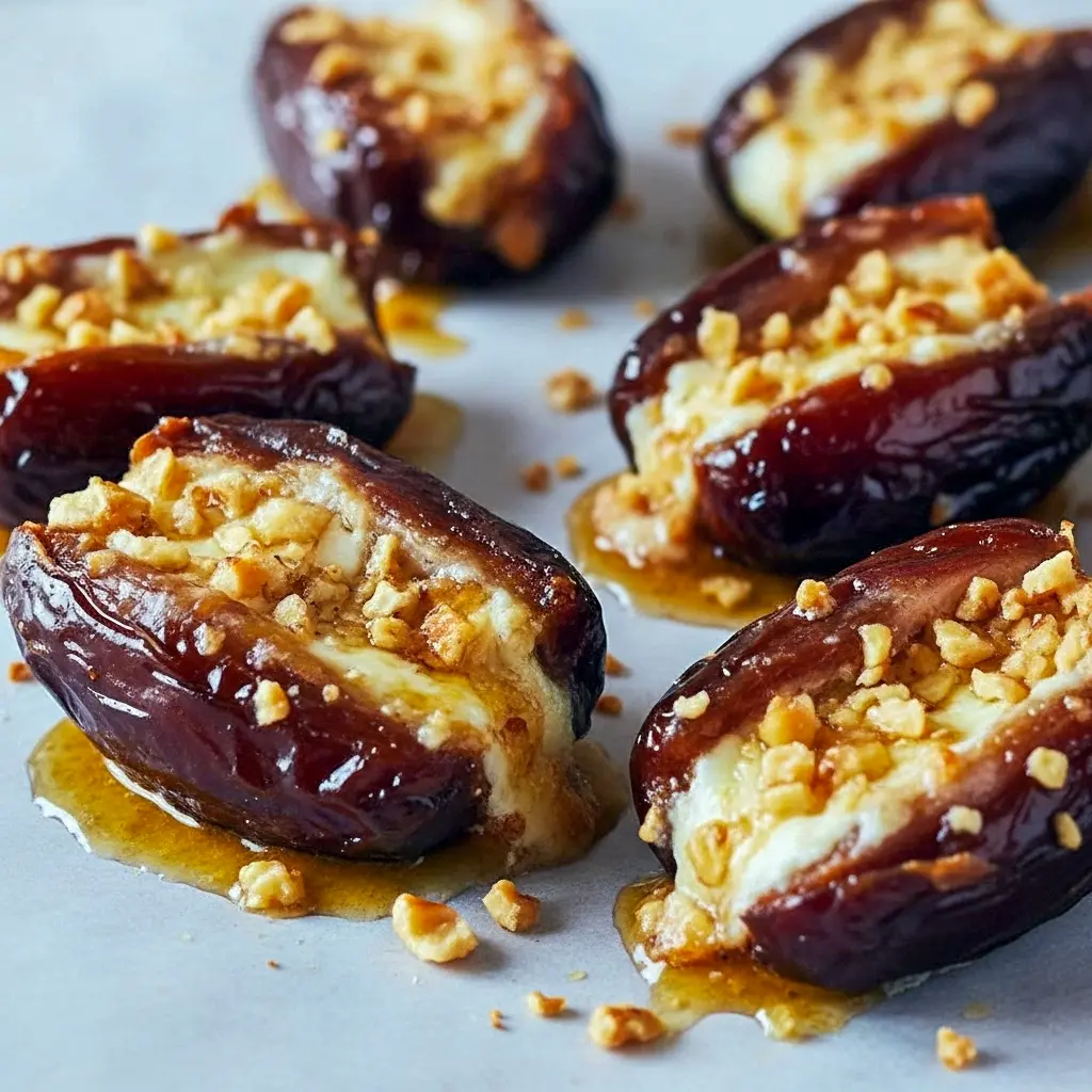 Close-up of warm mascarpone-stuffed dates topped with chopped pecans and maple, styled on a platter as elegant Wine Tasting Snacks and Fall Tapas, evoking caramelized Roasted Stuffed Dates or sparkly Sugared Dates, Date Appetizer Ideas.