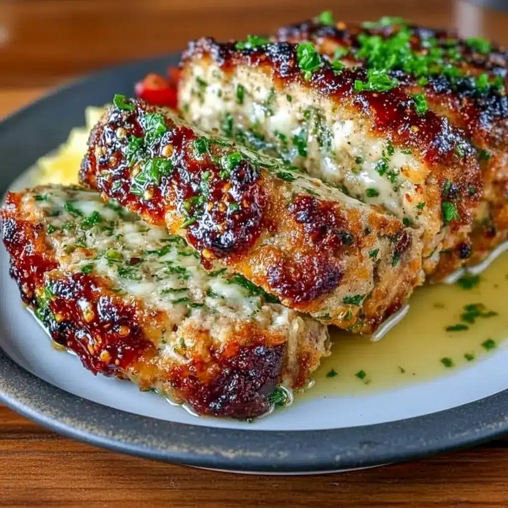 Melt In Your Mouth Garlic Parmesan Chicken Meatloaf Recipe sliced on a plate with mashed potatoes and a parsley sprinkle.