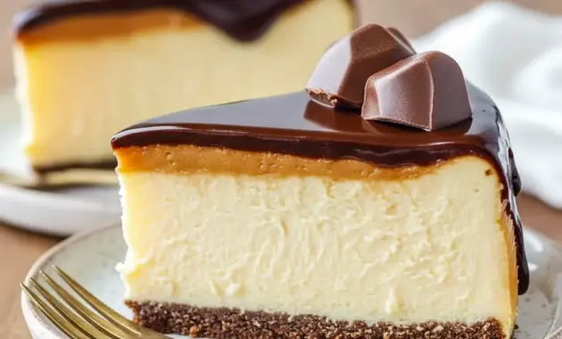 A slice of Millionaires Cheesecake showing a Buttery Biscuits-like crust, silky Creamy Cheesecake center, and warm Caramel Sauce dripping over the edge.