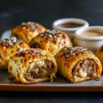 Golden puff pastry rolls on a baking sheet, filling peeking out with caramelized onions and a glossy egg-wash finish, Homemade Sausage Rolls Recipe.