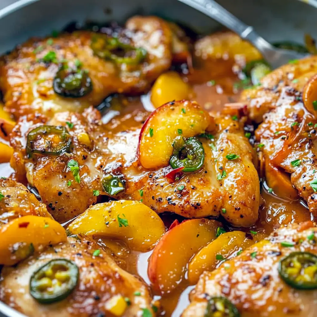Skillet of glossy peach-glazed chicken thighs topped with sliced jalapeños and fresh peach slices, ready to serve, Spicy Peach Chicken Recipe.