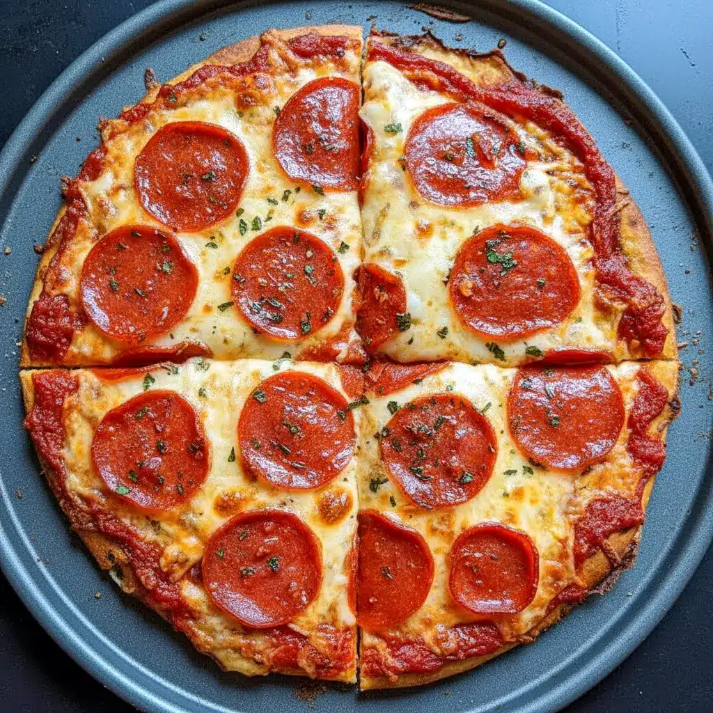 Thin cottage cheese flatbread pizza with gooey melted cheese, pepperoni, and fresh basil on a wooden board.