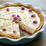 Slice of no-bake cranberry orange cream pie on a plate, graham cracker crust, orange whipped cream, and sugared cranberries on top, Holiday Cream Pie.