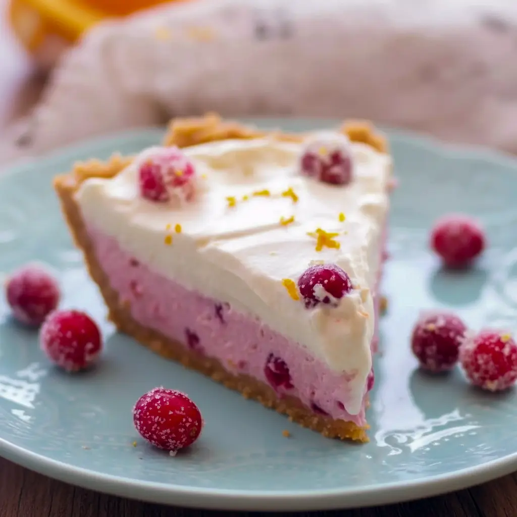 Slice of no-bake cranberry orange cream pie on a plate, graham cracker crust, orange whipped cream, and sugared cranberries on top, Holiday Cream Pie.
