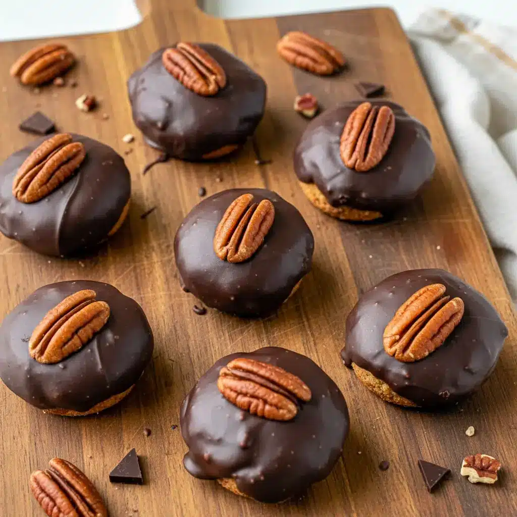 Chocolate-coated pecan-date bites on parchment paper, one cut open to show a sticky, caramel-like center, Healthy Dessert Bites.
