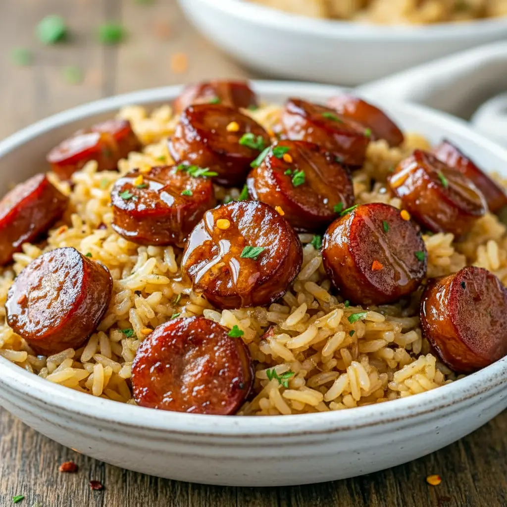 Skillet of sliced Cajun sausage, red and green bell peppers, and golden rice coated in a glossy honey-garlic sauce, garnished with parsley, Cajun Sausage Recipe.