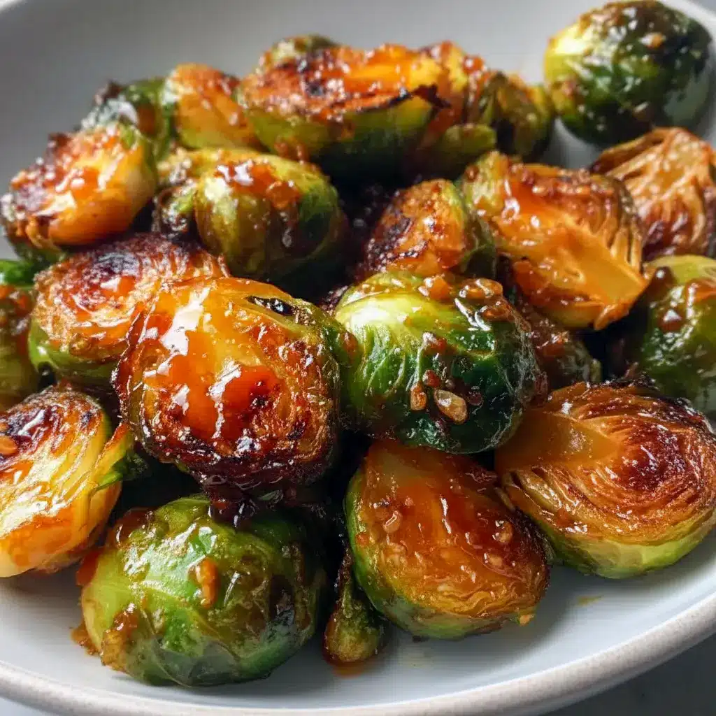 Close-up of Maple Glazed Brussel Sprouts with glossy caramelized edges and orange zest on a rustic serving plate.