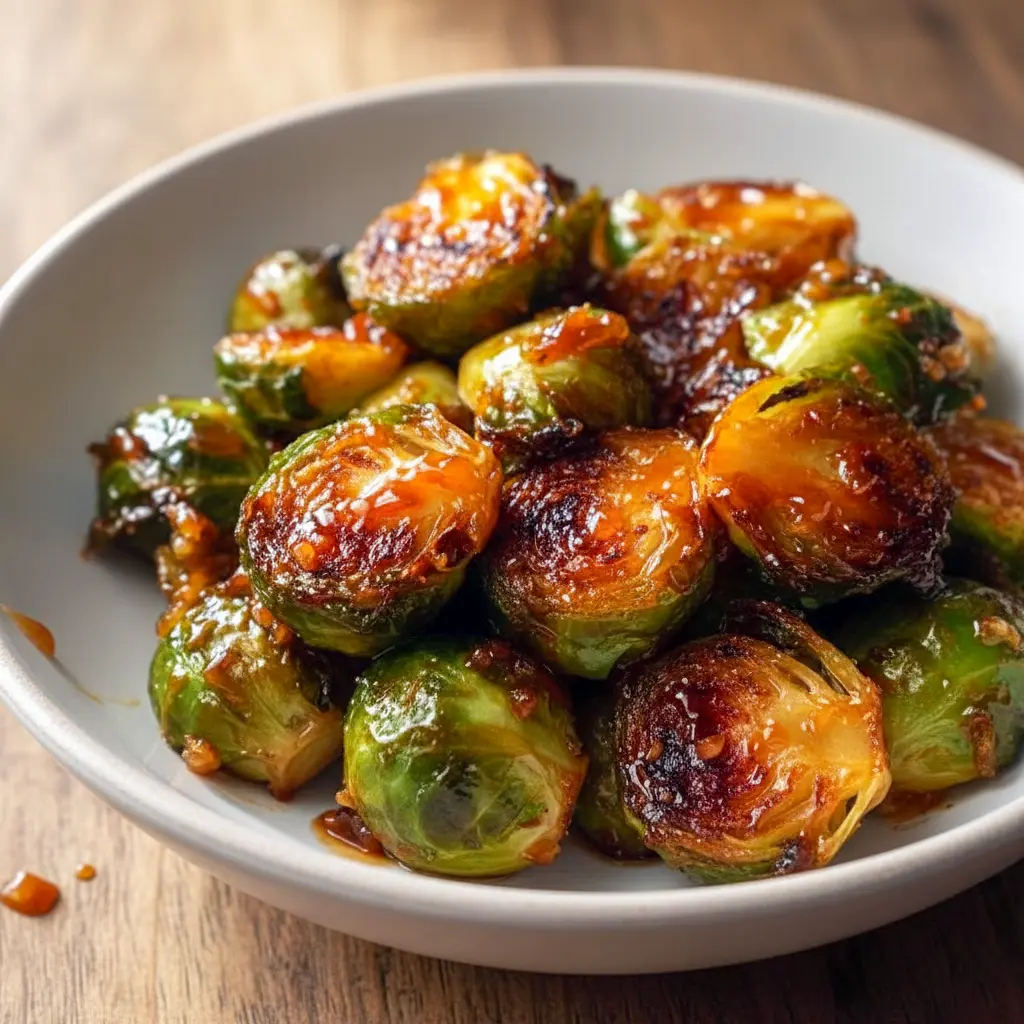Close-up of Maple Glazed Brussel Sprouts with glossy caramelized edges and orange zest on a rustic serving plate.