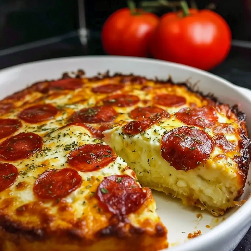 Sliced pizza-style cottage cheese bake in a baking dish, golden melted cheese, pepperoni and herbs on top, served with a small bowl of marinara for dipping, Meals With Cottage Cheese.