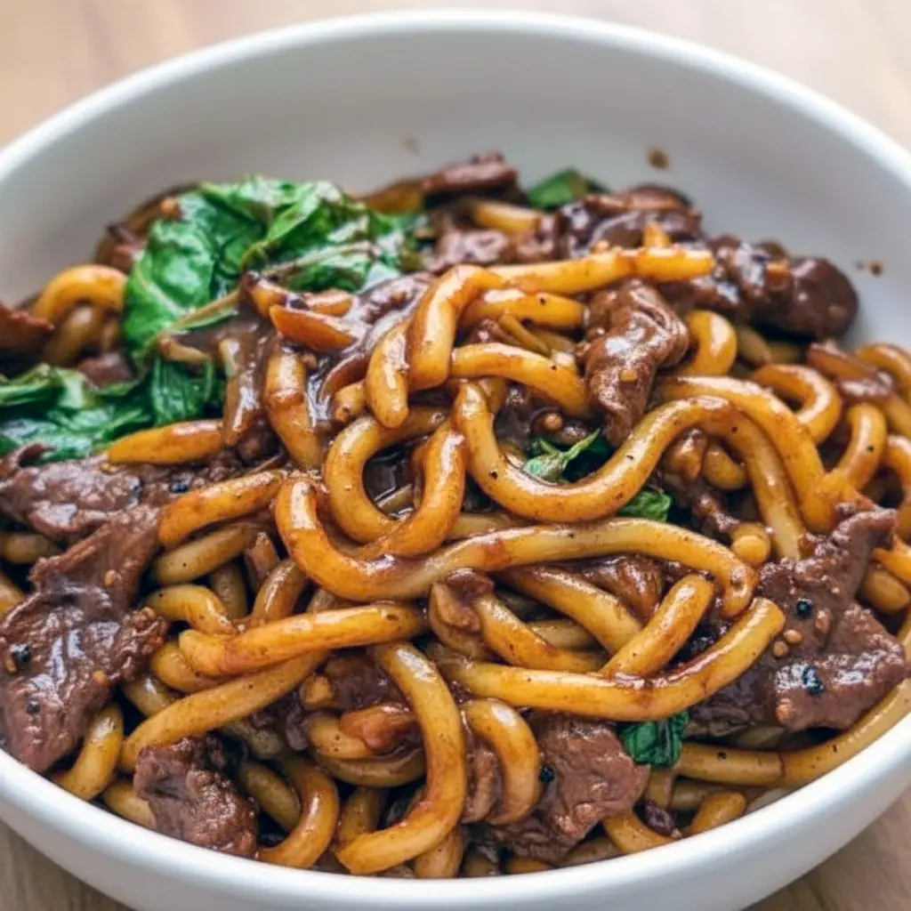 Close-up of black pepper beef udon: glossy noodles with sliced beef, onions, and cabbage coated in a dark pepper sauce, topped with chopped green onions, Asian Recipes.
