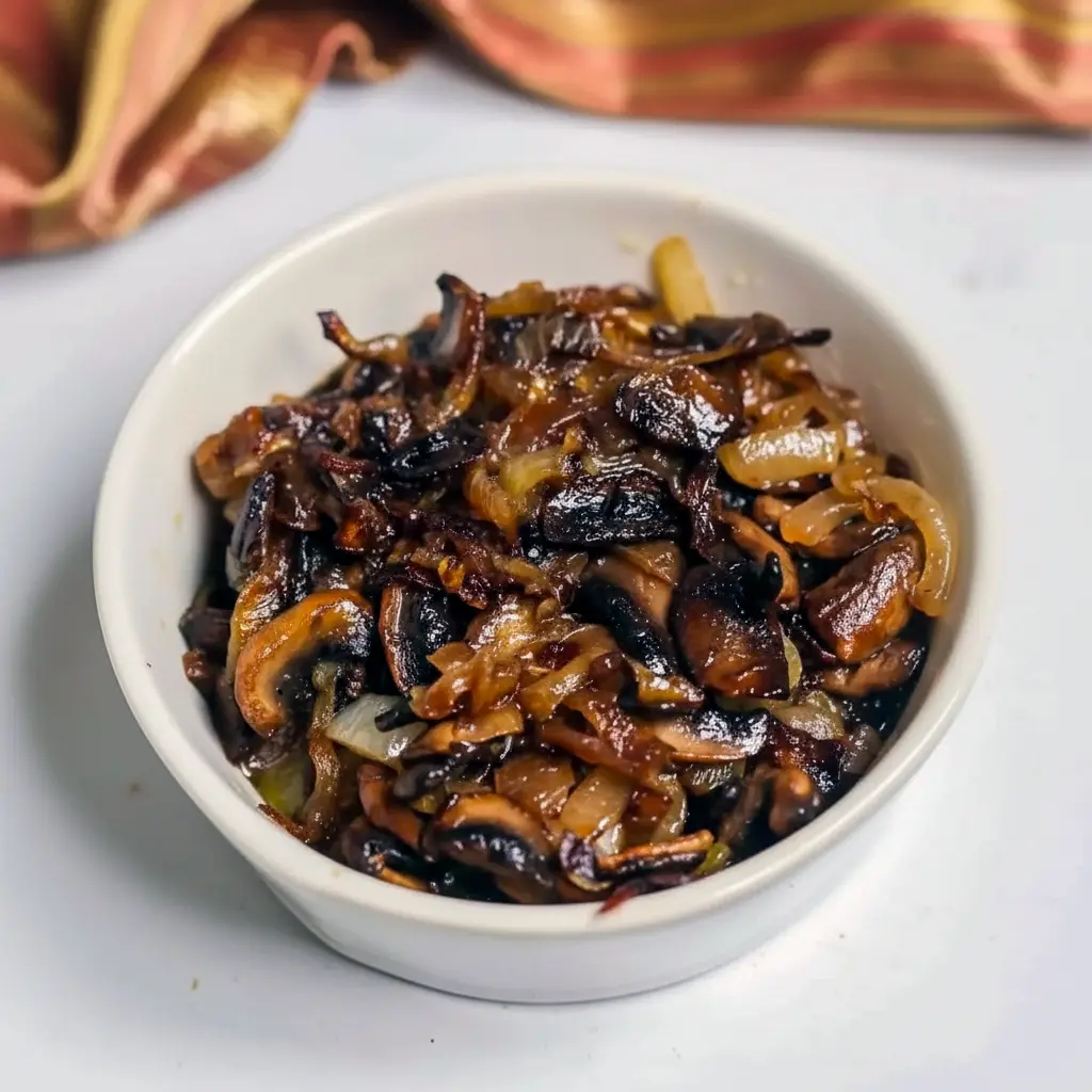 Golden sautéed mushrooms and onions in a skillet, glossy and ready to spoon over a grilled steak, Caramelized Onions And Mushrooms.