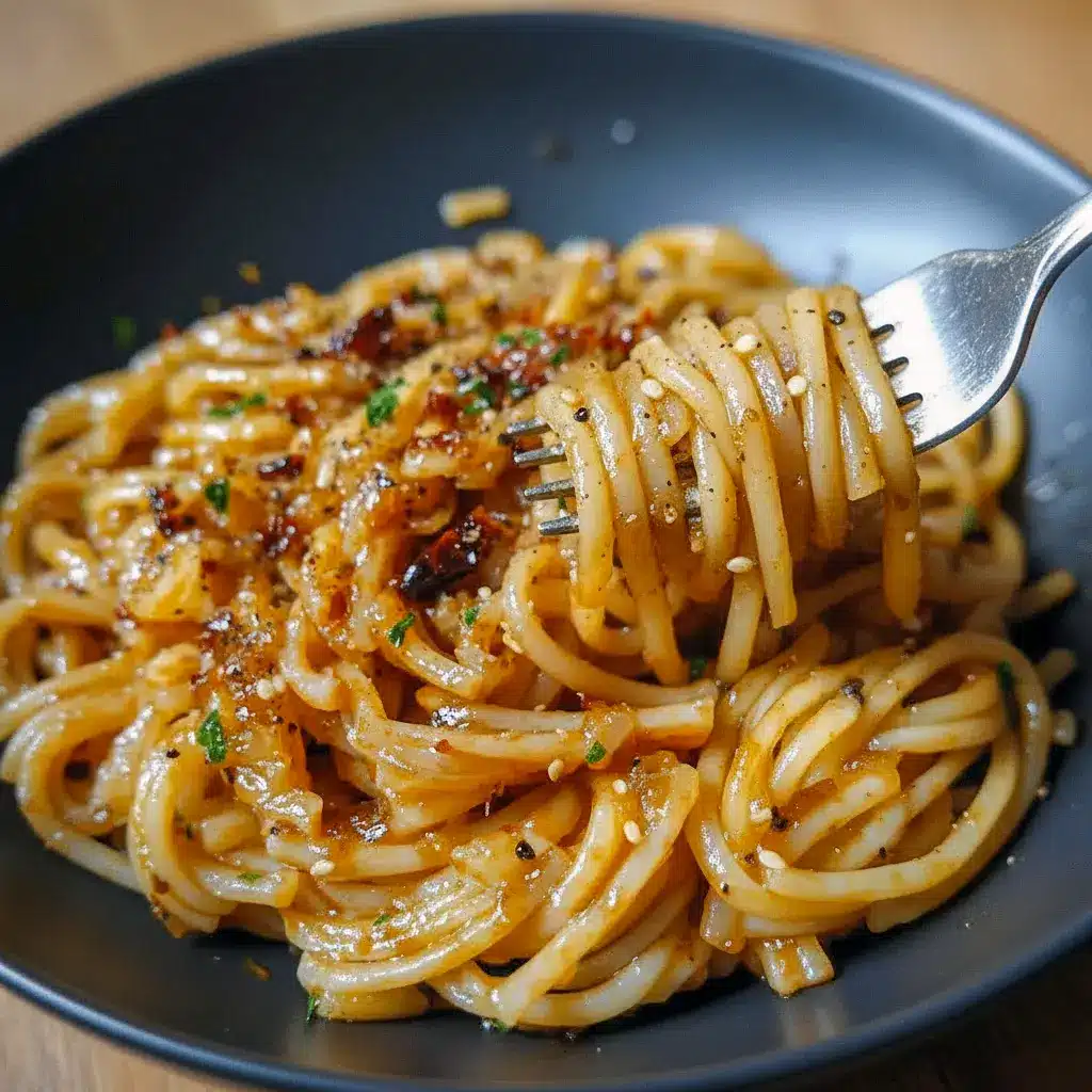 Close-up of spaghetti tossed with jammy onions and chili oil, sprinkled with Parmesan and herbs — a Vegetarische Rezepte-friendly plate that begs “Bon Appétit.” Styled for cozy Italian Recipes boards and tagged as an easy Pasta Recipes pick, Pasta Dinner Recipes.