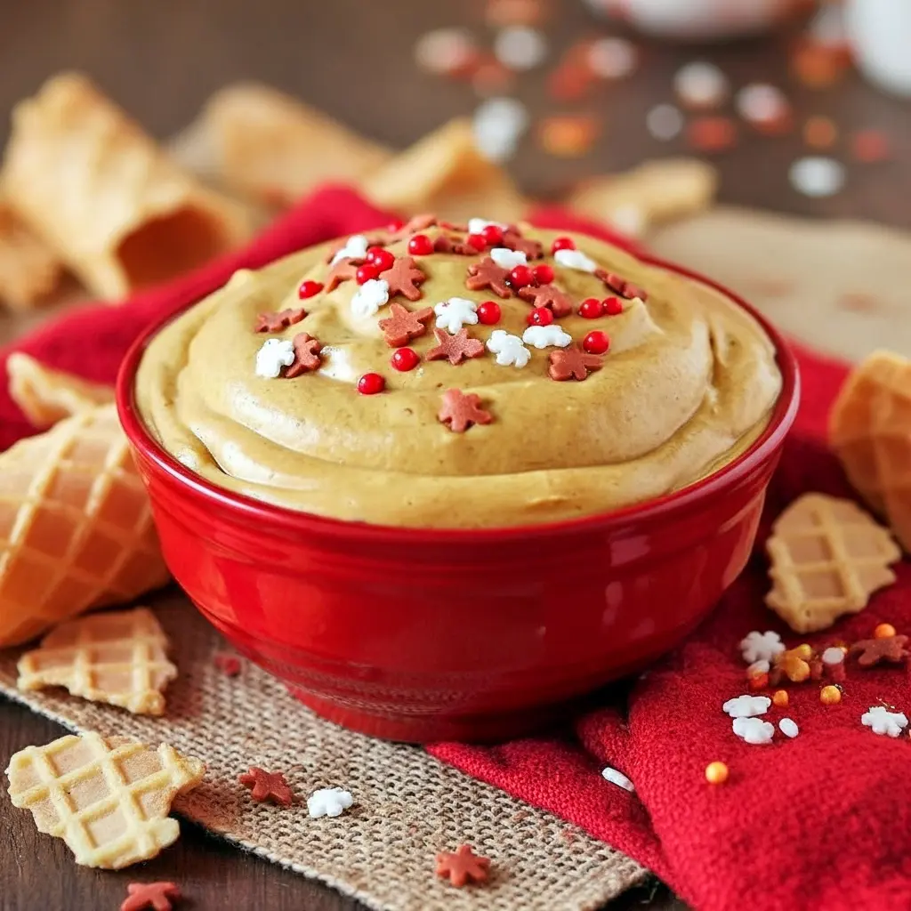 Bowl of creamy gingerbread dip topped with festive sprinkles, surrounded by mini Nilla wafers and graham crackers on a wooden board, Winter Dip Recipes.