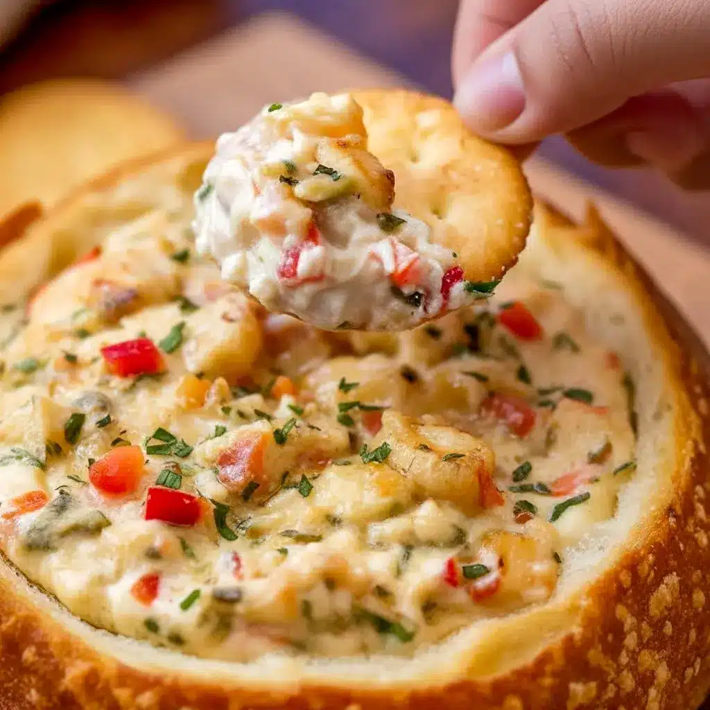 Bubbly spicy shrimp dip baked in a hollowed sourdough loaf, golden top with visible red pepper and chives, toasted baguette slices arranged beside it, Spicy Louisiana Shrimp Dip.