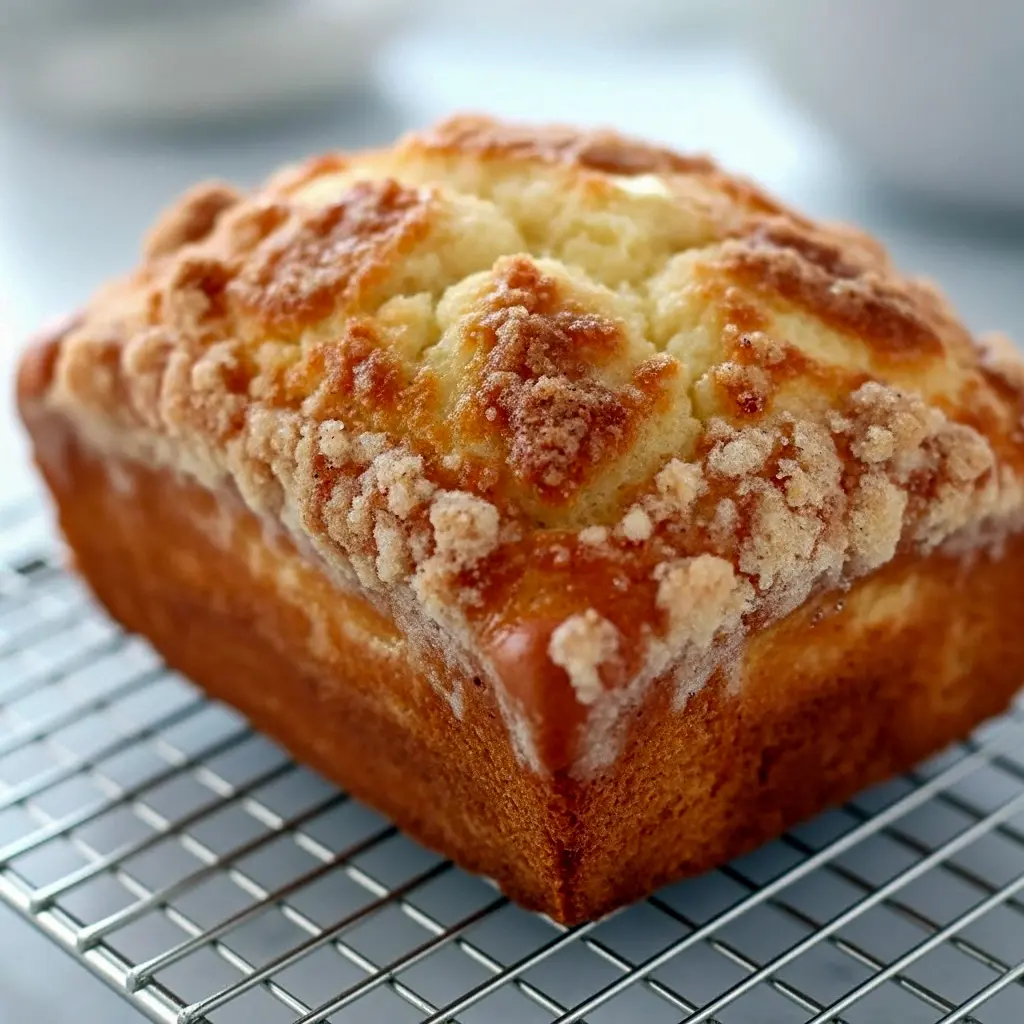 Sliced Eggnog Bread on a wooden board, showing moist crumb and cinnamon streusel — a festive addition to Holiday Loaf Recipes and ideal for holiday brunch or gifting.