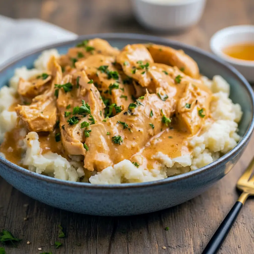 Close-up of shredded Crockpot Honey Mustard Chicken glazed in a golden honey-mustard sauce, garnished with parsley — a perfect example of Mustard Chicken Slow Cooker comfort food.