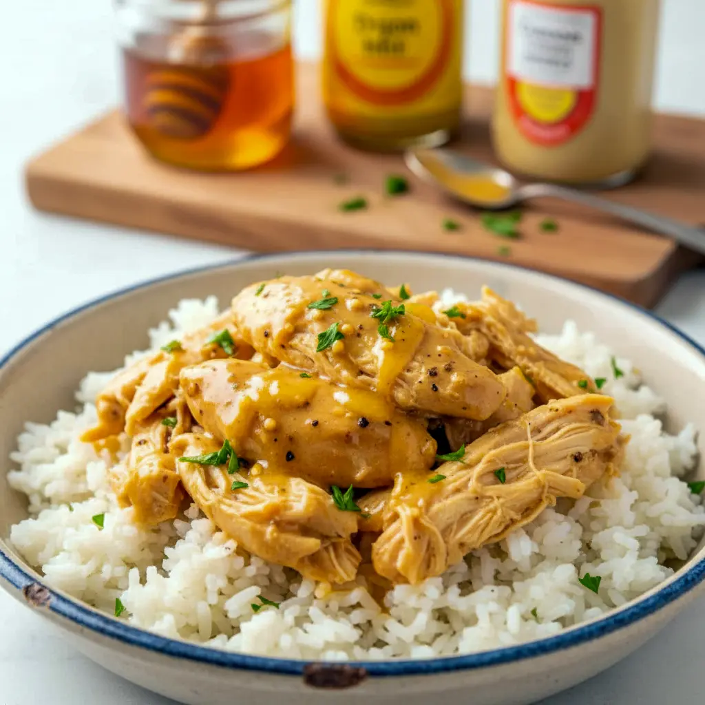 Close-up of shredded Crockpot Honey Mustard Chicken glazed in a golden honey-mustard sauce, garnished with parsley — a perfect example of Mustard Chicken Slow Cooker comfort food.
