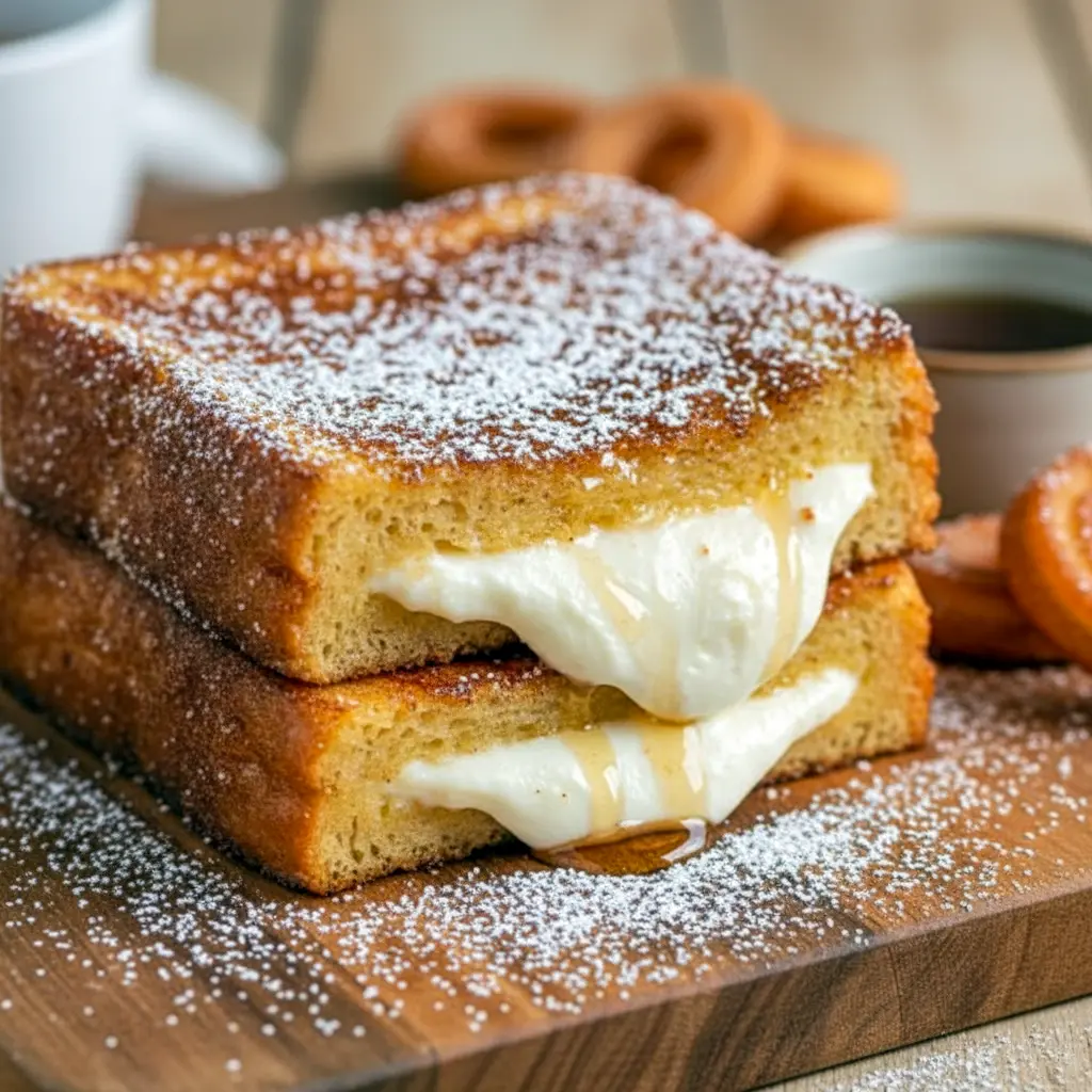 Close-up of golden Toast Recipes — churro-stuffed French toast coated in cinnamon sugar with a drizzle of syrup; a perfect Baked Dessert Recipes-style brunch treat.