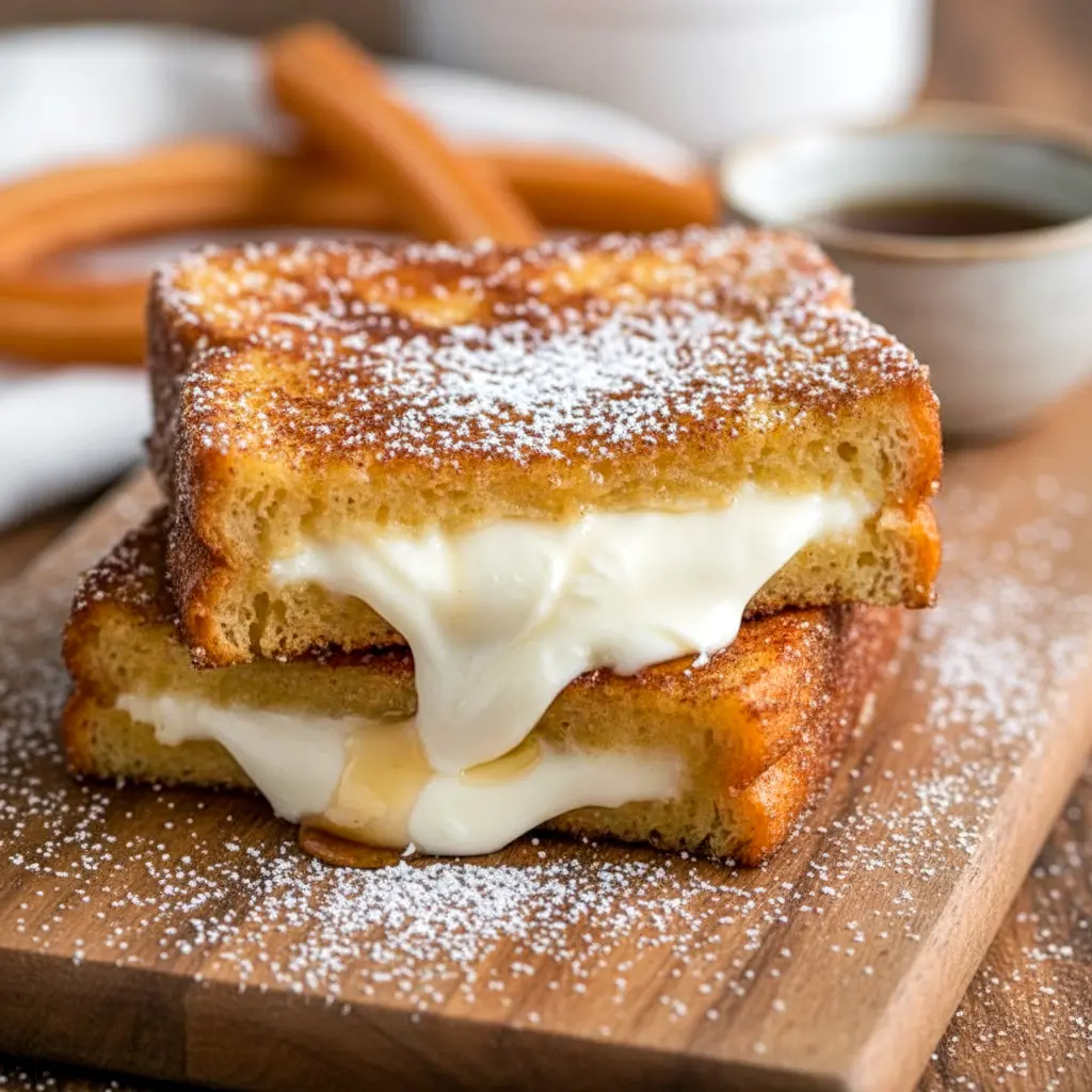 Close-up of golden Toast Recipes — churro-stuffed French toast coated in cinnamon sugar with a drizzle of syrup; a perfect Baked Dessert Recipes-style brunch treat.