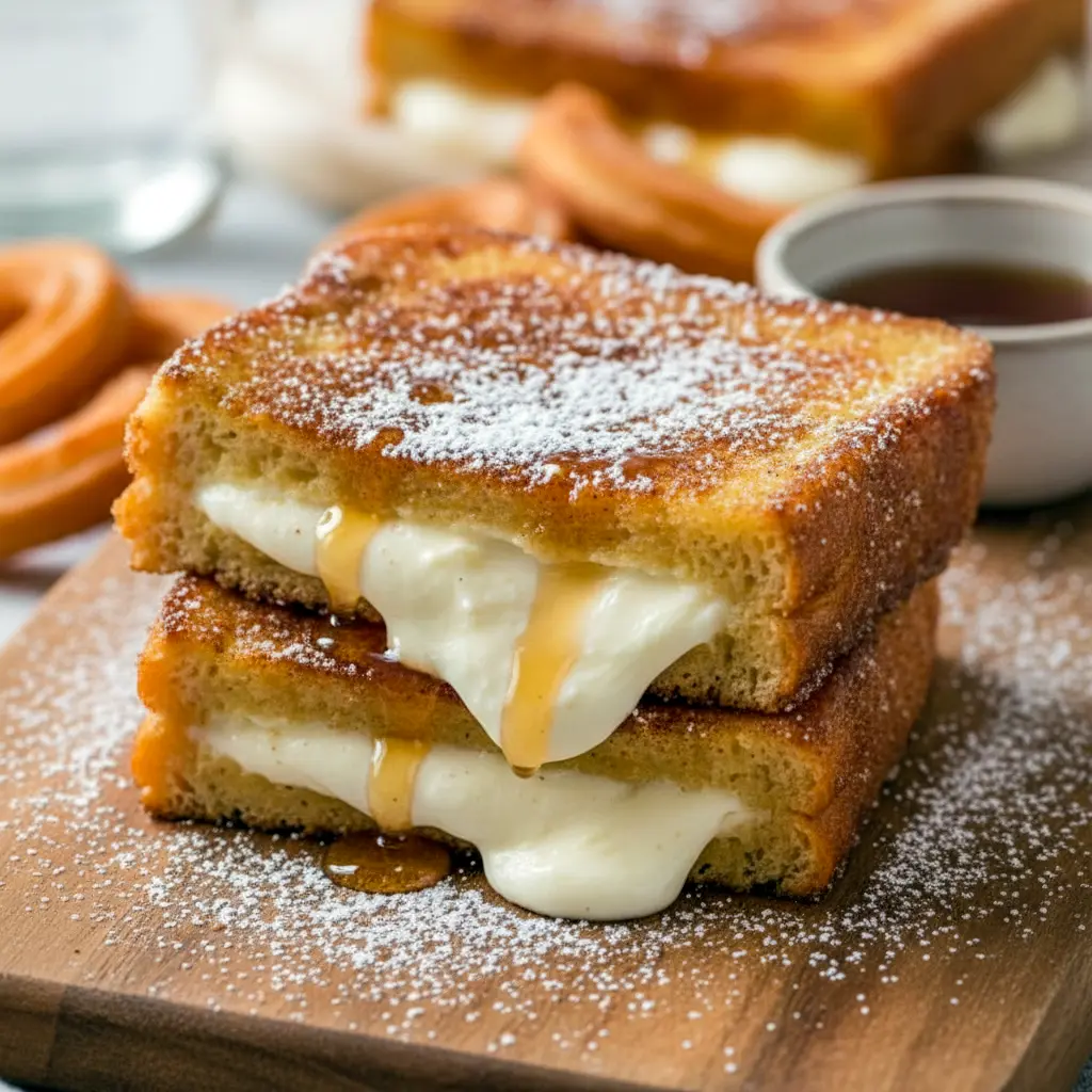 Close-up of golden Toast Recipes — churro-stuffed French toast coated in cinnamon sugar with a drizzle of syrup; a perfect Baked Dessert Recipes-style brunch treat.