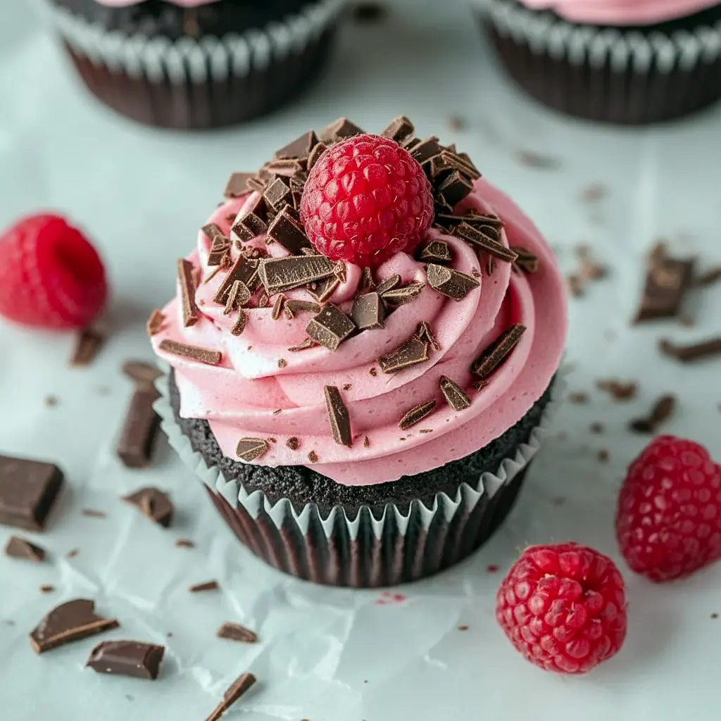 Close-up of Chocolate Lava Cupcakes split open to show a molten raspberry center, piped raspberry buttercream, fresh raspberry, and dark chocolate shavings on top.