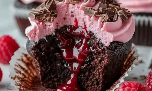 Close-up of Chocolate Lava Cupcakes split open to show a molten raspberry center, piped raspberry buttercream, fresh raspberry, and dark chocolate shavings on top.